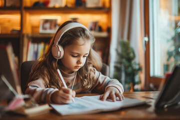 Caucasian little girl sitting at home using headphones and doing homework