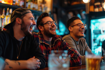 Three young men laughing at the bar, looking happy at soccer games - Powered by Adobe