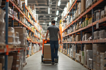 man walking and using a forklift in store and loading shelves with boxes and cartons