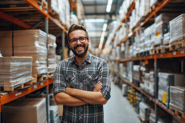 smiling and laughing man in a hardware warehouse standing selects a repair tool - obrazy, fototapety, plakaty