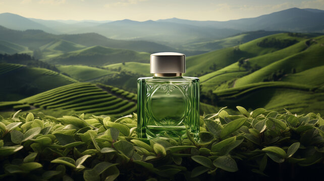 An oversized, translucent green beauty product seamlessly integrates with the vibrant, rolling hills of a tea plantation