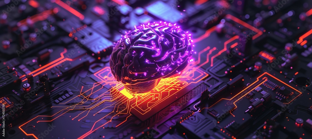 Poster shining brain cpu icon with interactive holographic security elements and copy space