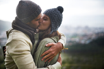 Couple, kiss and romance outdoor with hug for bonding, love and relationship with travel or...