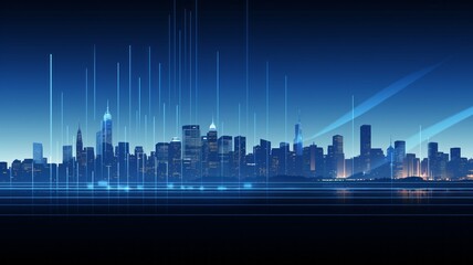 Minimalist financial increase graph with sleek white lines over a deep blue, illuminated city panorama