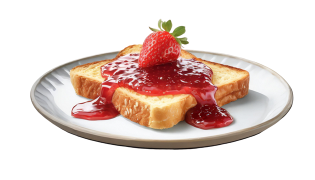 Toast with strawberry jam on a plate isolated on transparent background. - Powered by Adobe