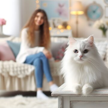 Fluffy white persian cat relaxing in a cottage living room with a teenaged girl smiling in the background