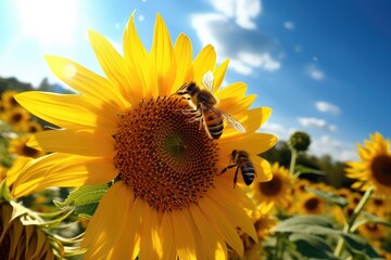 Close-up bee collects pollen from wildflowers on meadow, sun rays background. A honey bee collects nectar on a sunflowers blossom. Macro. Pollination worldwide, agricultural