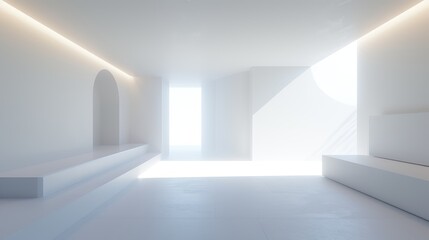 Spacious and bright modern white room with abstract architectural background and ample natural light