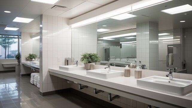 Sanitary facilities in a public space, showcasing multiple sinks with reflections in large mirrors, conveying cleanliness
