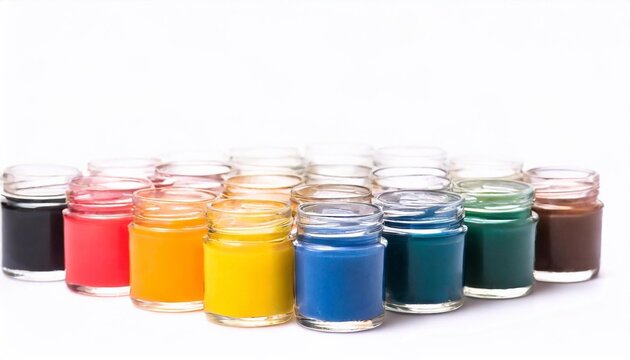 Multicolored jars with paint for drawing.