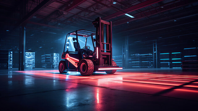 Solitary forklift in a high-ceiling warehouse, with cool neon lighting creating a futuristic atmosphere