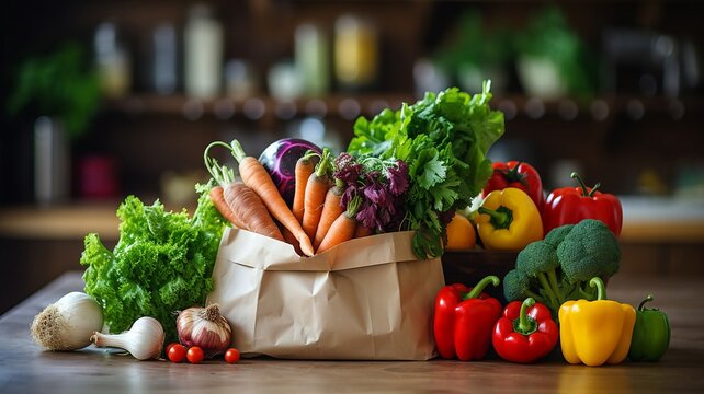 Paper grocery bag brimming with colorful fresh vegetables on a wooden kitchen counter with herbs in the background