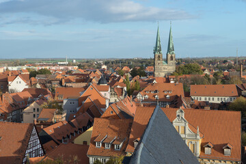 View over the old town of Quedlinburg to the Church of St. Nikolai in the evening