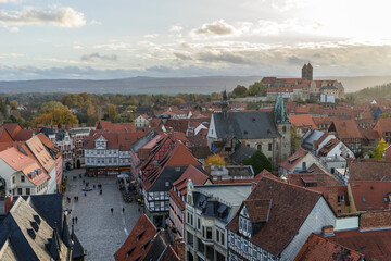 View over the old town of Quedlinburg, the cathedral and the castle in the evening