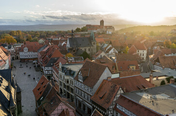View over the old town of Quedlinburg, the cathedral and the castle in the evening