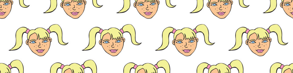 Vector Seamless pattern with cartoon face girl or woman with two ponytails. Hand drawn heads of kids people in doodle style. Childish, girlish fun cute texture backdrop