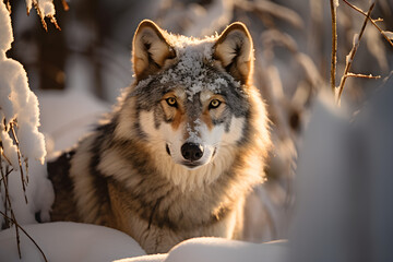 Obraz premium Wolf in einem verschneiten Wald zur goldenen Stunde, erstellt mit generativer KI