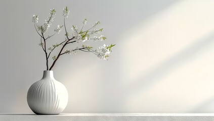 Elegant spring blossom in white vase soft light and vintage design. Stylish floral arrangement on wooden table nature inspired home decor. Minimalist interior in ceramic jug rustic background - obrazy, fototapety, plakaty