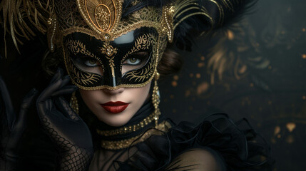 Beautiful woman in glamorous venice mask and gold feathers,  in the style  fantasy realism. Carnival background

