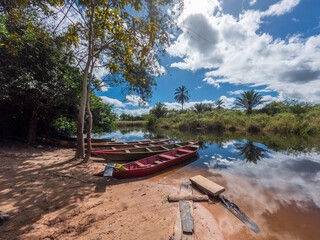 Tranquil Riverside Scene with Canoes and Lush Vegetation