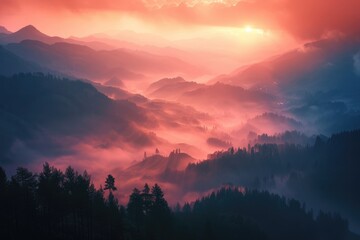 Obraz premium Ethereal Peaks: Sunrise Unfolds in the Mountain Mist