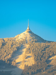 Jested Mountain with unique hotel and TV transmitter on the top on sunny winter day, Liberec,...