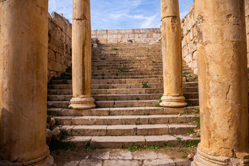 Roman ruins in the Jordanian city of Jerash. The ruins of the walled Greco-Roman settlement of...