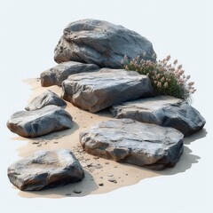 Few Rocks On Shore Stretching Ocean On White Background, Illustrations Images
