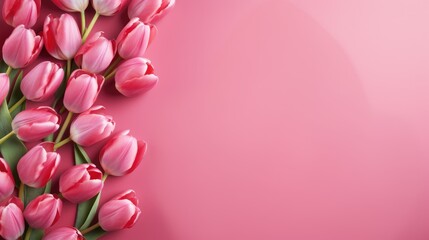 Obraz premium Pink tulips with fresh green leaves on a pink background. Beautiful background for a holiday, valentine's day, women's day. An empty space for the text.