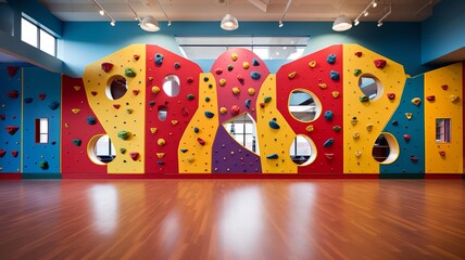 Child-friendly climbing wall with bright, primary colors and a soft, safe floor underneath