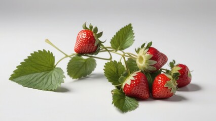 red strawberries and green leaf with white background, in close up photo