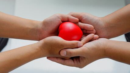 Hands holding red heart, heart health insurance, organ donation, happy volunteer charity, CSR...