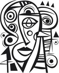 Abstract art vector outline illustration of couple, man and woman portrait. Black and white coloring page of human faces.