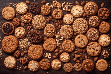 Background of various cookies. A lot of different cookies are laid out on the whole frame, top view. Flatleys of various biscuits and nuts are scattered on the table