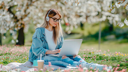 A college student is studying a course, preparing for exams, enjoying the spring warmth, sitting on the lawn in the park with a laptop, headphones, and a cup of coffee.