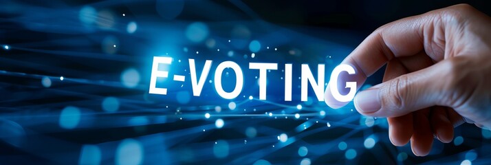 Secure e voting concept with shining text on dark blue background and copy space for text placement