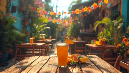 Obraz premium A refreshing orange cocktail on a rustic table at a vibrant outdoor cafe decorated with colorful flowers.