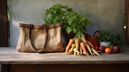 Rustic scene of a farm-to-table grocery bag, filled with earthy root vegetables, set against a backdrop of vintage wooden spoons