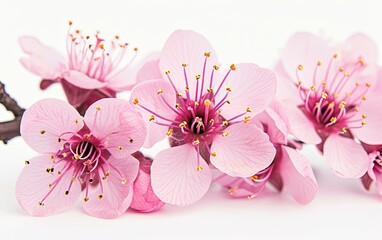 Bright pink cherry tree flowers on a white isolated background close up