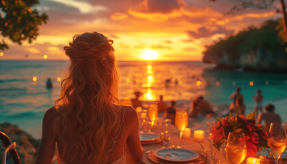 Young woman enjoying a lively beach party at sunset, with a wooden table set against an ocean backdrop.