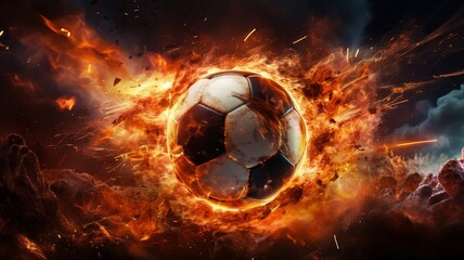 Fototapeta premium Dynamic scene of a football with sparks flying, as if being passed at high speed on a fiery red field