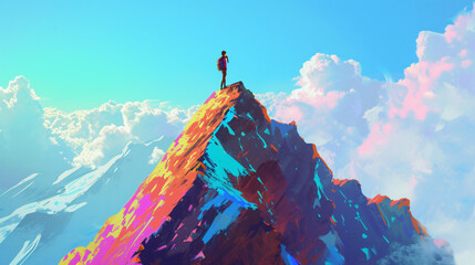 A young and determined 13-year-old mountain climber stands triumphantly on the summit of a colorful peak, showcasing the beauty of nature and the strength of human spirit.