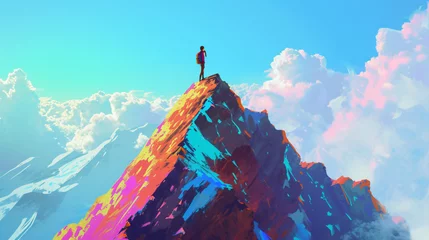 Tuinposter A young and determined 13-year-old mountain climber stands triumphantly on the summit of a colorful peak, showcasing the beauty of nature and the strength of human spirit. © Nijat