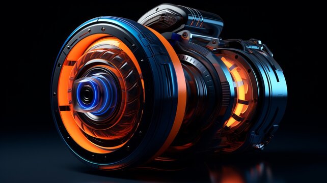 Futuristic turbocharger with neon blue and orange accents against a dark, sleek background