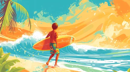 Foto op Canvas A fearless 10-year-old in trendy surfing gear rides the waves on a stunning beach. With a playful cartoonish surfboard in hand, this kid surfer exudes joy and confidence. The vibrant colors © Nijat