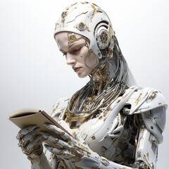 A robot that is reading a concept book for intellectual learning.
