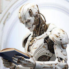A robot that is reading a concept book for intellectual learning.