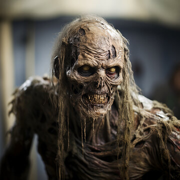 Decrepit male zombie reminiscent of the walking dead.