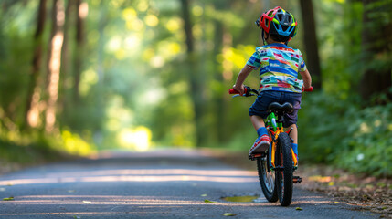 Kid Cyclist on a Trail - An 8-year-old wearing a helmet, riding a vibrant bike with joy and confidence on a scenic trail surrounded by nature's beauty. A delightful symbol of youthful energy - obrazy, fototapety, plakaty