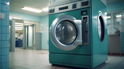 Row of industrial laundry machine of public laundry for retail business concept. Created with Generative AI